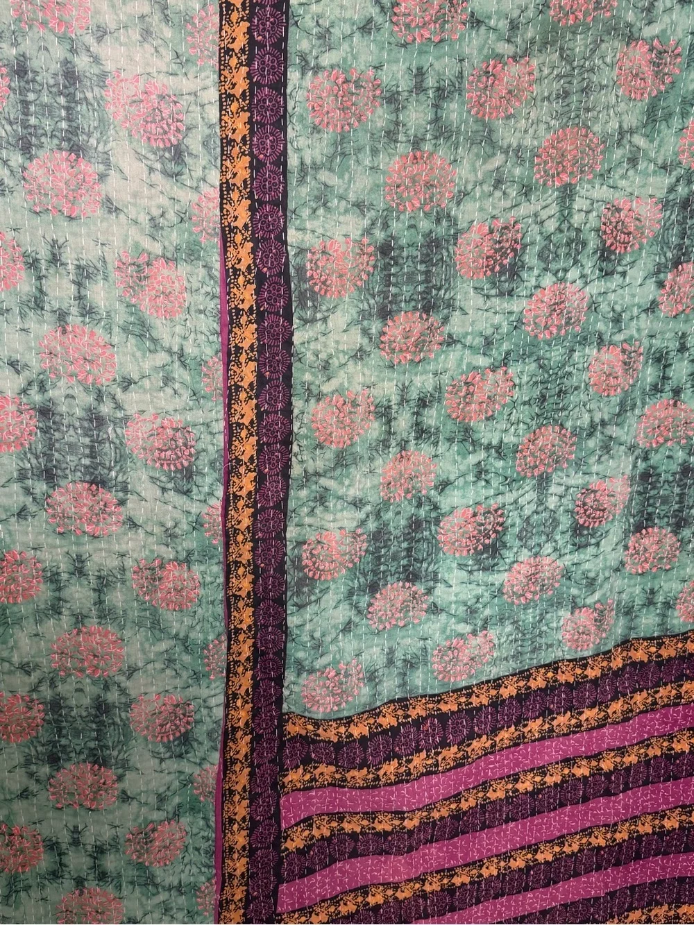 Vintage Handmade Printed Kantha Quilt India Sari Throw Blanket Twin 52x80